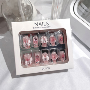 Uñas Postizas Curvas Medianas con Degradado Rosa, Lazo 3D, Estrella y Diamantes <span class=keywords><strong>de</strong></span> Imitación, Kit <span class=keywords><strong>de</strong></span> Uñas Postizas Reutilizables para Uso Diario y Fiestas - Product Image 4
