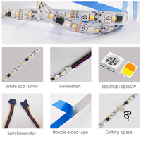 Bande LED WS2812 RGBCW 5050 Flexible CCT, éclairage intelligent à pixels adressables, PCB 12 mm, découpable, dimmable, IP33