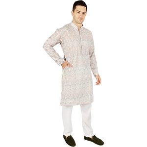 Triloki <b>Men</b> Ikkat <b>Kurta</b> Pajama Set Cotton Ethnic Indian Traditional Wear Diwali Occasion White 3XL - Product Image 3
