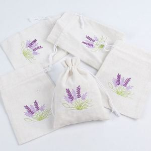 Natural Linen Drawstring <b>Bag</b> with Embroidery <b>Lavender</b> 10x14cm Reusable Pouch for Shopping Candy Storage Dust Sack - Product Image 6