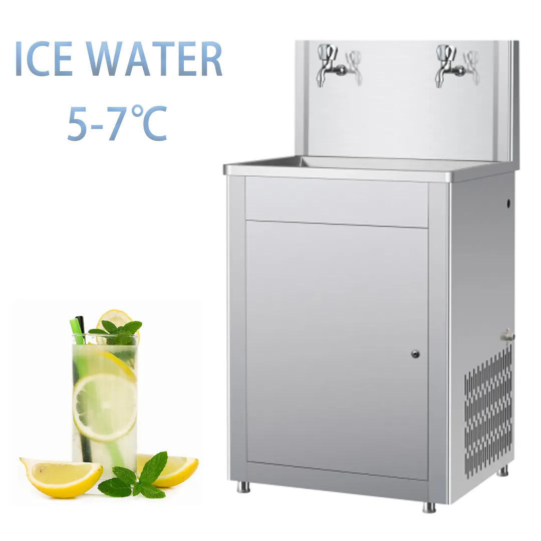 Dispensador de água comercial de aço inoxidável para uso externo, suporte de chão de alta qualidade com 2 torneiras, dispensador elétrico de água de refrigeração