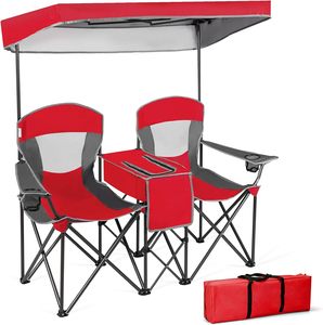 Chaise double de camping et de plage avec auvent et sac isotherme, 2 places, pliable, avec porte-gobelets pour pique-nique en extérieur - Product Image 1
