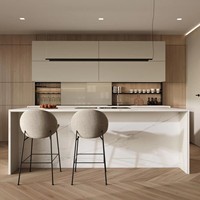 Meuble de cuisine modulaire en bois massif sur mesure, fabriqué en usine, avec évier, charnières, robinet et accessoires, et plan de travail en marbre artificiel
