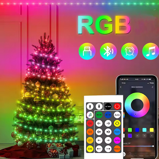 New Auto Holiday Dream Color Fairy Light Decoration Christmas Tree Smart RGB String Light Set Wifi APP Control Music USB