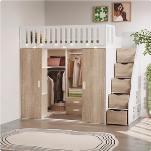 Ensemble de chambre à coucher moderne en bois de chêne double pour enfants et adultes, <span class=keywords><strong>lit</strong></span> mezzanine avec armoires, panneau de rangement en bois, style design - Product Image 2