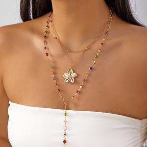 Avrupa Amerika Sınır Ötesi Çok Satan Çok Katmanlı Alaşımlı Bambu Kadın Kolye Minimalist Zirkon Çiçek Haç Uzun - Product Image 1