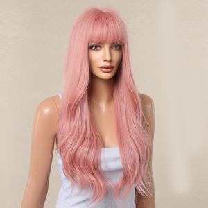 LIWANGLONG HAIR Nuova Collezione Parrucche Sintetiche 26 Pollici Lunghe Ondulate Effetto Naturale Liscio Setoso con Frangia <span class=keywords><strong>Rosa</strong></span> Chiaro - Product Image 1