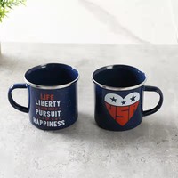 Mug en émail bleu de 350 ml avec points blancs, bord en acier inoxydable, logo par transfert thermique pour le café et le camping