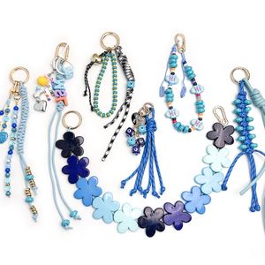 Porte-clés perlé bleu, breloque de téléphone, pendentif de sac Fleur Oeil Turc, fait main, accessoires cadeaux - Product Image 1