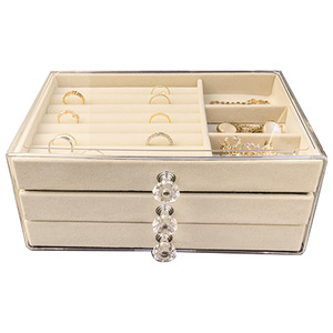 Jewelry Storage <b>Box</b> Three Layer Velvet Acrylic Organizer For Rings Necklaces Earrings Jewelry <b>Display</b> Case Beige Gray Color - Product Image 5