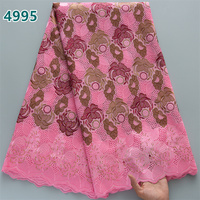 Tissu en dentelle africaine brodé de fleurs multicolores violettes avec strass, dentelle ajourée pour robe de mariée, référence 4995
