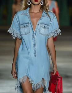 <span class=keywords><strong>Vestido</strong></span> <span class=keywords><strong>camisero</strong></span> <span class=keywords><strong>vaquero</strong></span> para <span class=keywords><strong>mujer</strong></span> con solapa y medio botón, manga corta con flecos, bajo deshilachado, estilo casual holgado con borlas, para ropa de calle y vacaciones - Product Image 1