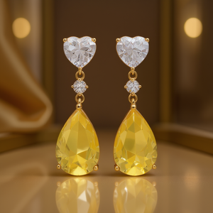 Boucles d'oreilles élégantes en forme de cœur, cristal de citrine jaune, plaqué or 18 carats, bijoux romantiques pour femmes, pour mariage - Product Image 2
