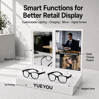 Présentoir de Comptoir Blanc pour Lunettes Intelligentes IA à Double Position avec Miroir d'Essai Intégré, Panneau d'Affichage à Changement Rapide et Base Imprimée UV