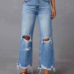 Jean décontracté pour femme style rétro OEM, coupe large, en denim déchiré avec trous personnalisés, respirant, logo cargo sur la taille, vente chaude - Product Image 1