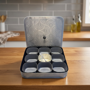 Premium Square Stainless Steel Spice <b>Box</b> with 9 Modular Containers Laser Etched Mandala Lid Indian Masala Dani Kitchen Organizer - Product Image 5
