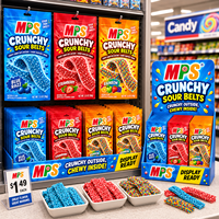 MPS Crunchy Sour Belts Candy Bulk Sour Gummy Belts Crunchy Outside Chewy Inside Candy Blue Razz Strawberry Rainbow Flavors