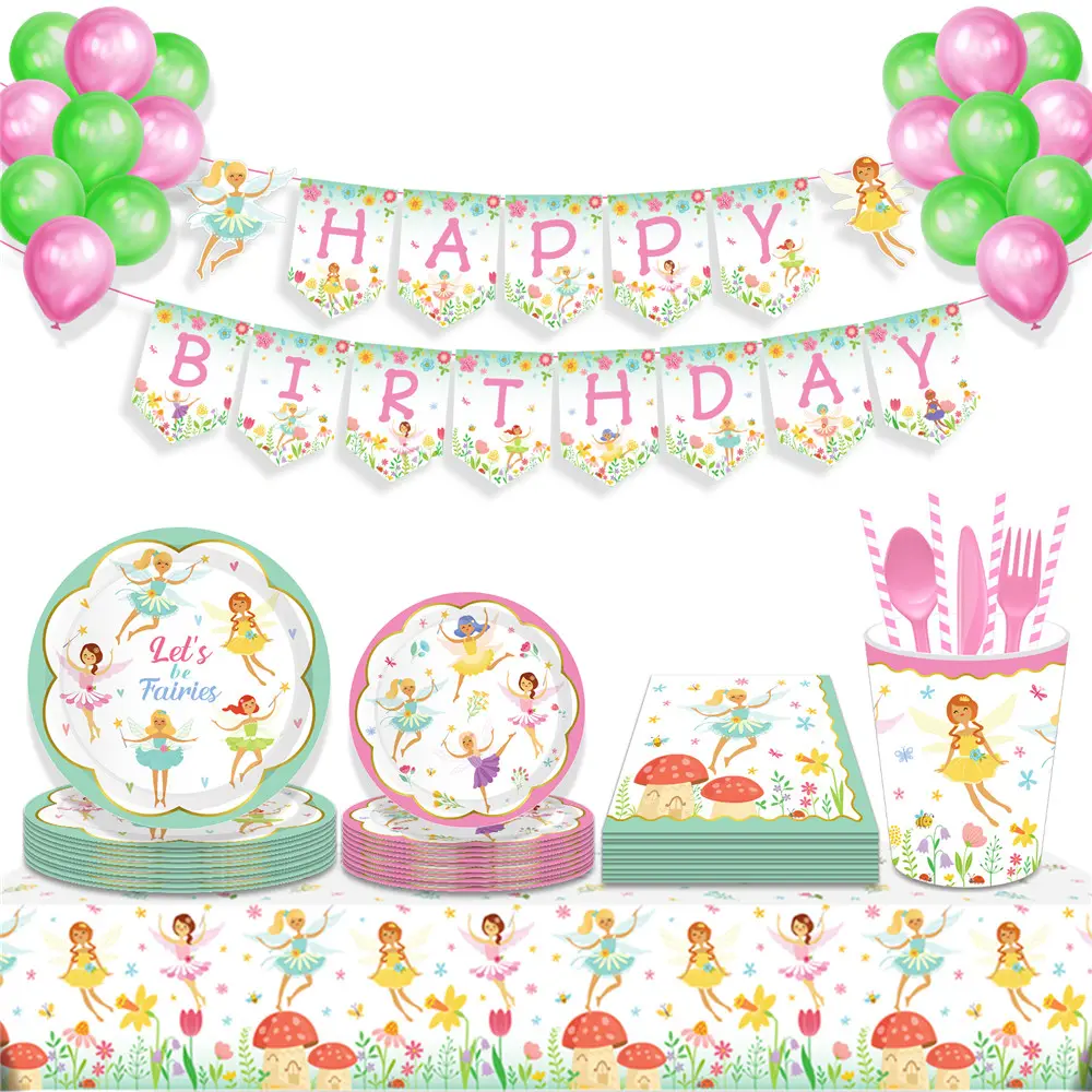 MM190 Fairy Garden Flower Party Supplies Paper Plates Cups Napkins Disposable Tableware Set for Birthday Party Supplies