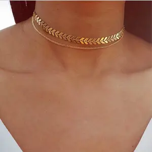 Gargantilla de flecha múltiple para mujer, collar de dos niveles, collar plano de hueso de pescado dorado, cadena plana, joyería para el cuello, gran oferta