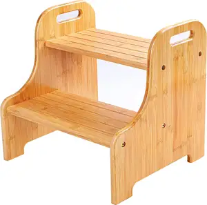 Taburete de bambú de 2 escalones, taburete de cocina, ayudante con peldaños antideslizantes, manijas recortadas, taburete de escalera pequeño para niños, ayudante