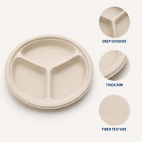 Assiette jetable en bagasse de canne à sucre compostable de 10 pouces à 3 compartiments pour la restauration, les cafétérias et les buffets (vente en gros)