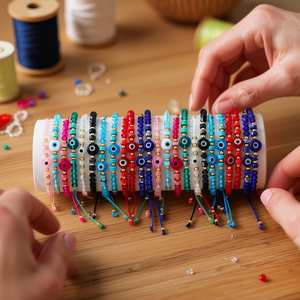 Braccialetto con Perline, Bracciale a Tubo Multicolore con Ciondolo Occhio di Allah, Gioielli alla Moda Regolabili, 2400 Pezzi per Scatola - Product Image 3