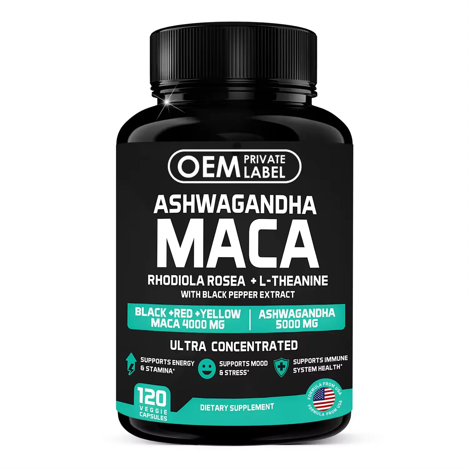 Maca Ashwagandha Rhodiola Rosea + L-Theanine แคปซูลพร้อมสารสกัดจากพริกไทยดํา แคปซูลราก Maca พร้อมยาโสมแอชวากันธ์