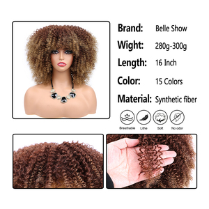 Nouvelle arrivée 16 pouces Afro Kinky Curly Perruque avec Bangs pour les femmes noires Glueless Full and Fluffy Bomb Long Curly Hair Perruques - Product Image 5