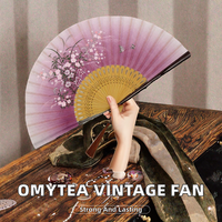 OMyTea Éventail Pliant pour Femme, Style Chinois et Japonais Vintage, en Bambou et Tissu de Lin, Léger, Portable, à Motifs Floraux, pour Église et Événements