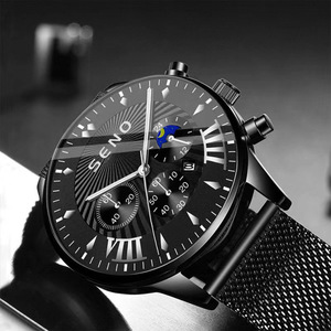 Montre à quartz pour homme Seno, bracelet en acier inoxydable, chronographe, date, phase de lune, cadran analogique, fermoir caché de 21 cm, non étanche - Product Image 1