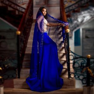 فساتين سهرة أفريقية زرقاء مخصصة على شكل حورية البحر مثيرة لعام 2025 للنساء، فساتين سهرة مزينة بالخرز بأكمام طويلة شفافة للحفلات الرسمية - Product Image 2
