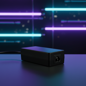 Adaptateur secteur AC/DC moderne, chargeur de bureau noir avec câble et connecteur sur fond de lumière néon futuriste - Product Image 1