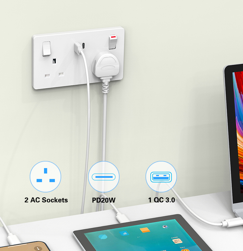 UKCA CE BS1363 New PD3.0 UK Standard 2 Gang Switch Wall Outlet PD 20W Power Directly Quick Charger UK Wall Socket with USB · image 6