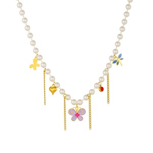 Faux Pearl Tassel Butterfly Heart Flower Pendant Necklace With Beaded Chain Women's Everyday Wear - Product Image 5