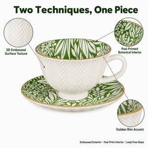 Service de table en porcelaine de luxe 20 pièces, tasses et soucoupes en céramique, motif feuille élégant en relief, impression tampon, forêt de saules vertes - Product Image 3