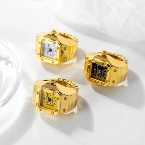 Bague Montre de Couple Couleur Or, Bijou Horloge Quartz Rétro pour Femmes Hommes, Montre Doigt Vintage Punk à <span class=keywords><strong>Mini</strong></span> Bracelet Élastique - Product Image 2