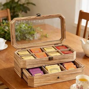Wooden Double Layer <b>Tea</b> Storage <b>Box</b> With Lid Divided Compartments Desktop Organizer For <b>Tea</b> Coffee Bags - Product Image 2