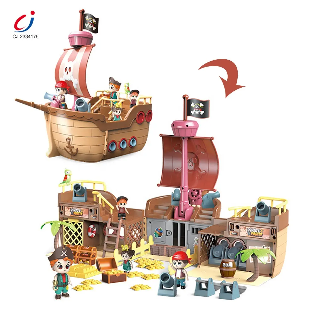 Chengji Educational Kids Diy Assemble Plastic Doll House Deformation Boat Musical Pirate Ship Bricks