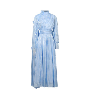 Robe longue pour femme, style été 2026, nouvelle collection, col montant, fleurs en relief, taille cintrée, en tissu fluide bleu, luxe léger - Product Image 1