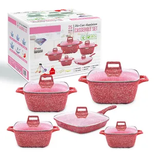 Hot Cooking Induction Die, Cast Aluminum Pots Pink Cream speckles Pans Nonstick Granite Cookware Set/