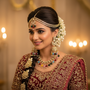 Bridal Ethnic Chandelier Drop Earrings Claw Setting Pearl Chain Matching Maang Tikka Alloy Gold Plated Vintage Traditional - Product Image 3