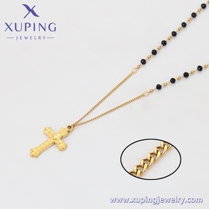 T001226748 XUPING Collar de Rosario con Cuentas Negras de Acero Inoxidable Chapado en Oro de 24K con Colgante de Cruz, Joyería de Moda - Product Image 5