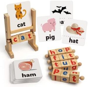 Blocs de lecture en bois, bâtonnets de voyelles courtes, cartes de jeu d'<span class=keywords><strong>orthographe</strong></span>, puzzles de lettres rotatives, mots pour enfants, lettres rotatives - Product Image 1