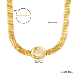 Collier ovale avec pendentif en pierre œil de chat dorée, chaîne en maille pour femme, bijoux en alliage de zinc avec sertissage clos - Product Image 5