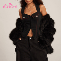 Dierlove Nouveau Top Femme Noir Gothique à Col Halter avec Volants Blancs Contrastants et Boutons sur le Devant, Style Corset, pour Tenue Steampunk Cosplay