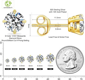 Boucles d'oreilles clous en moissanite couleur D clarté VVS1, diamant de laboratoire, or blanc 14K, argent sterling S925 - Product Image 3