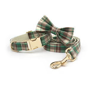 Productos de tendencia ecológicos 2025 recién llegados Correa y <span class=keywords><strong>collar</strong></span> de perro de lujo <span class=keywords><strong>collar</strong></span> de mascota a cuadros verde y marrón pajarita de perro de algodón - Product Image 1