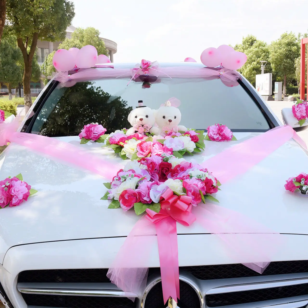 อุปกรณ์ตกแต่งดอกไม้สำหรับงานแต่งงานของรถยนต์โบว์ดอกไม้ประดับกลางดอกไม้สำหรับงานแต่งงานเจ้าสาวรถ