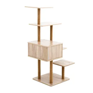 Wholesales Wooden Sisal Multi-level Living Room Cat Tower Cats Entertainment Tree Scratching Trees