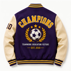 Veste de baseball personnalisée de haute qualité, style Varsity, <span class=keywords><strong>en</strong></span> laine violette, avec manches <span class=keywords><strong>en</strong></span> <span class=keywords><strong>cuir</strong></span> jaune et patchs <span class=keywords><strong>en</strong></span> chenille, fabriquée par un fabricant. - Product Image 2